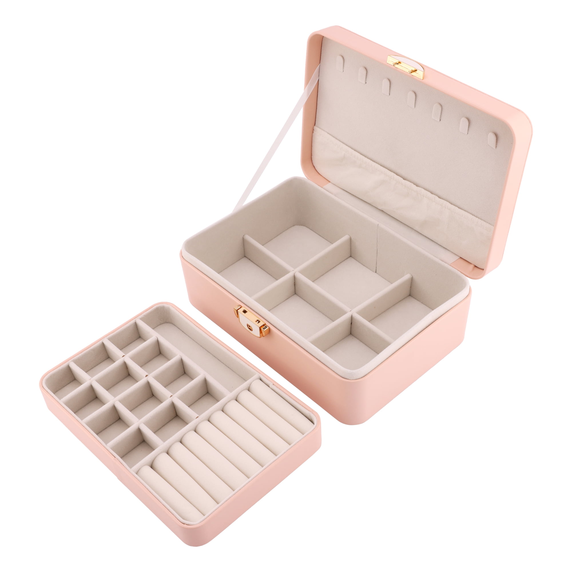 Unique Bargains 2 Layer PU Leather Jewelry Box Organizer Holder for Women Pink