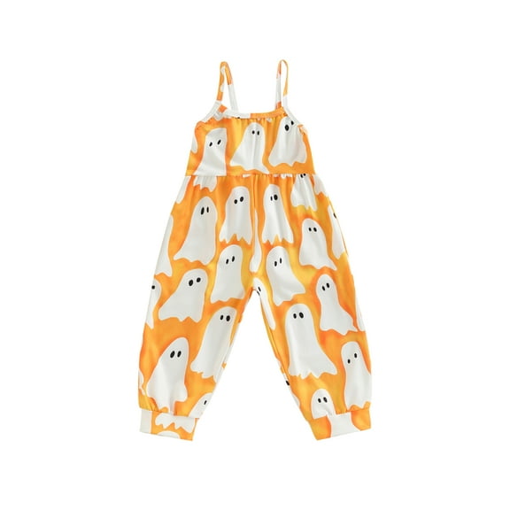 Bagilaanoe Toddler Baby Girl Halloween Jumpsuit Sleeveless Ghost/Cartoon Cat Pumpkin Print Romper Sling Overalls 1T 2T 3T 4T 5T 6T Kids Long Pants Casual Outfits