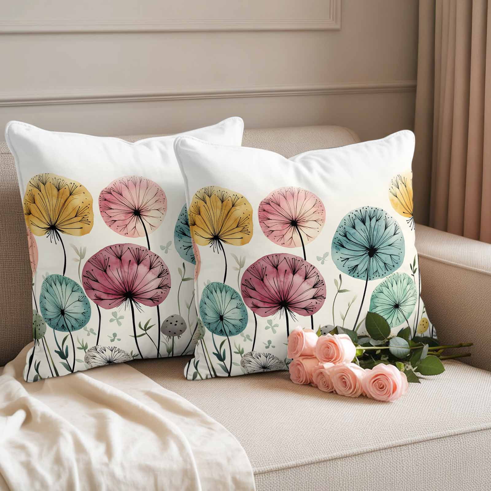 Spring Floral Outdoor Waterproof Pillow Covers, Modern Abstract Art Farmhouse Botanical Decorative Square Throw Pillowcase Sofa Cushion Sham for Patio/Couch/Chair, 20"x20" 2 Pack
