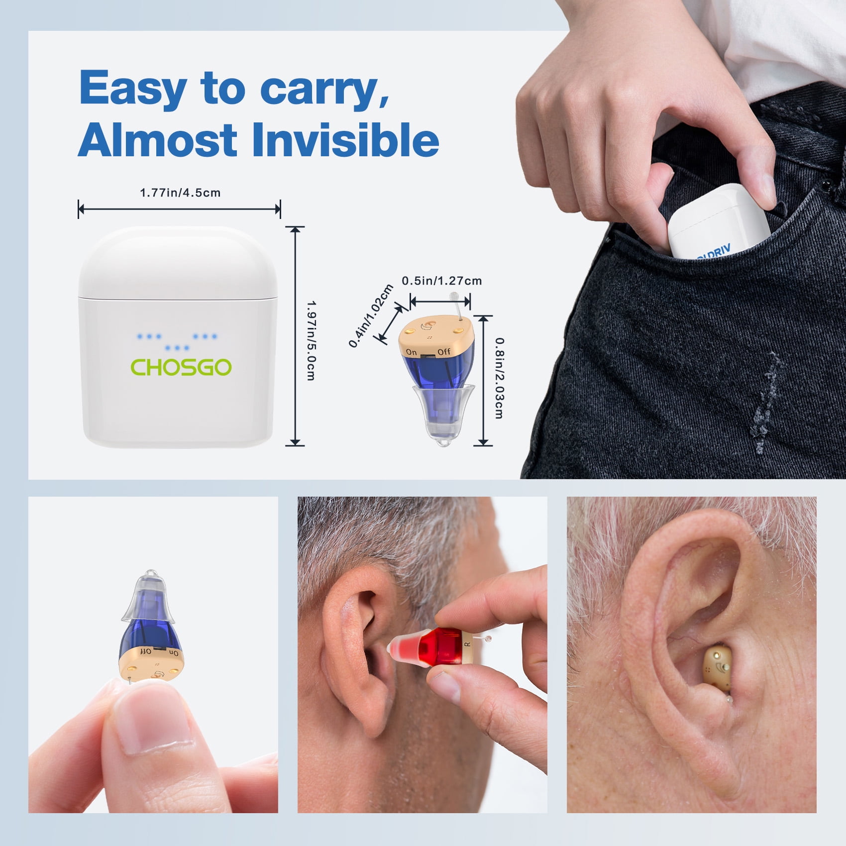 Chosgo Rechargeable CIC Hearing Aids for Seniors with Noise Cancelling, Hearing Amplifiers for Ear with Portable Charging Case, Mini CIC Hearing Aids with 12-Channel(Red&Blue)