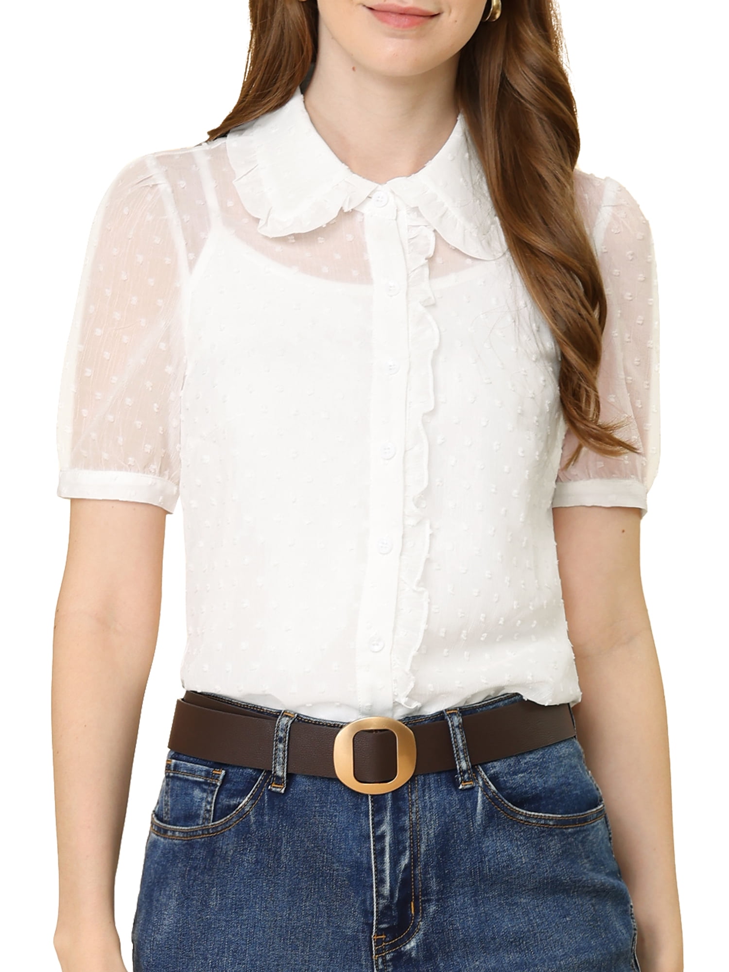 Ruffle Collar Semi Sheer Swiss Dots 