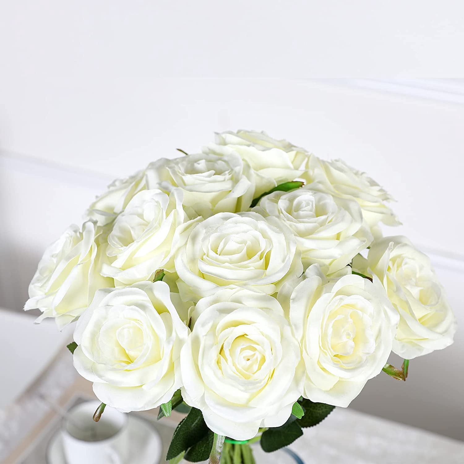 12PCS Artificial Silk Flowers Realistic Roses Bouquet Long Stem for Home Wedding Decoration Party (White)
