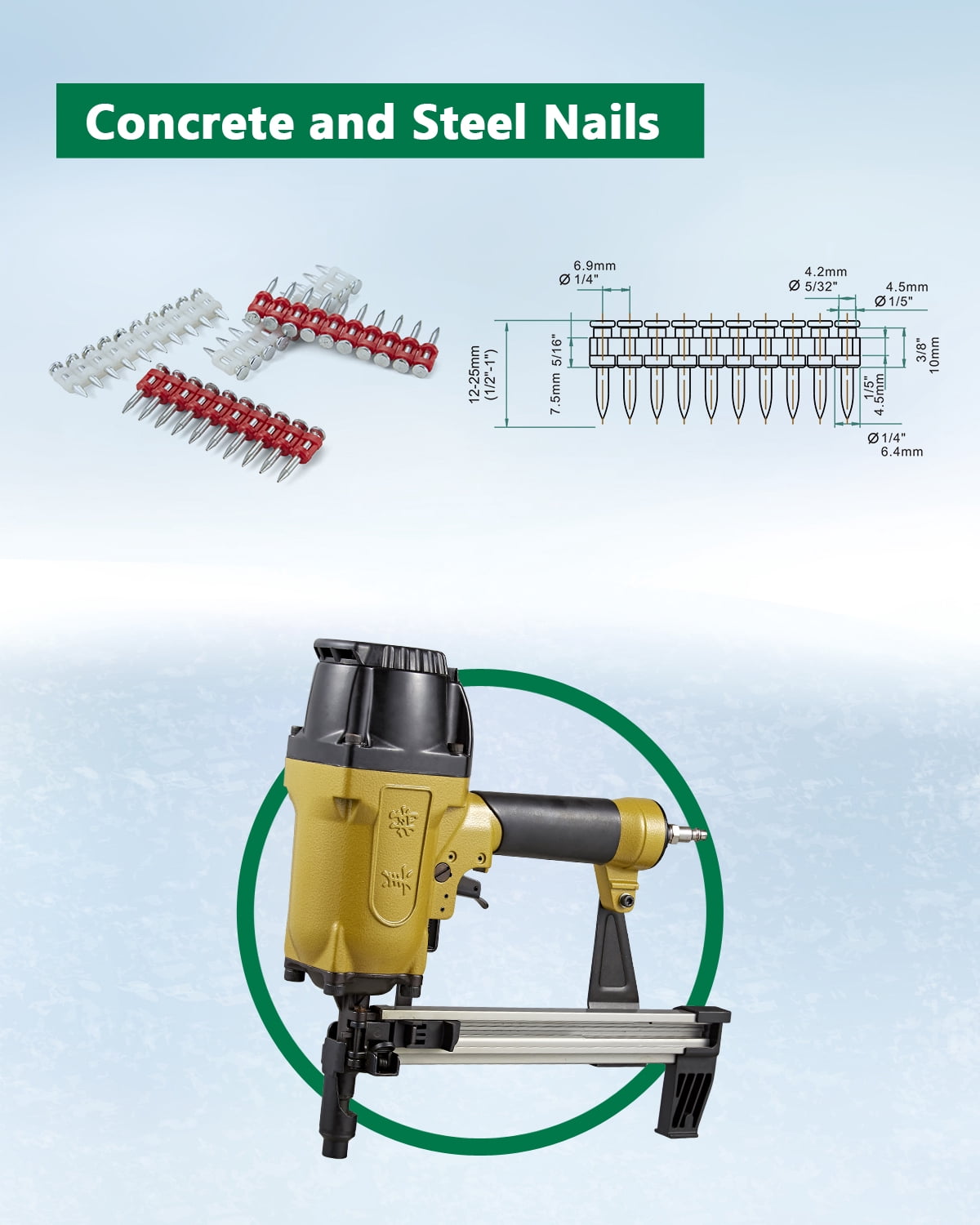 MEITE CS3025 Pneumatic Concrete and Steel Nail Gun 12 Gauge 1/2" to 1" Length Plastic Collated