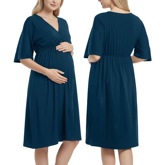 NY Threads Labor and Delivery Gown, 3 in 1 Maternity Dress for Women, Hospital Gown for Post Partum, Nursing Nightgown for Breastfeeding, Medium, Navy Blue