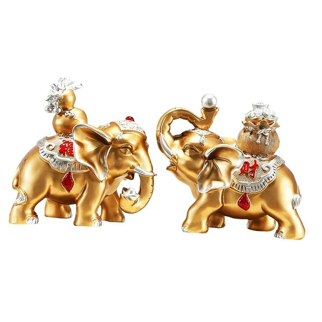 Juego de 2 figuras de elefante de la buena suerte, esculturas de resina para decoración del hogar y la oficina. Dorado
