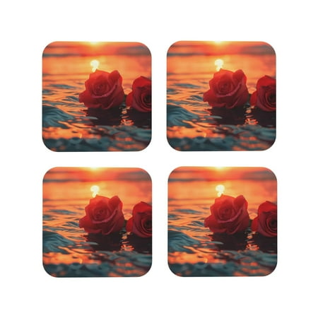 

Leather Coasters Set of 4 - Romantic Roses Sunset Ocean Lightweight Non-Slip Drink Coasters for Desk Anti-Scalding Desk Cup Coasters for Office Table Decor Square