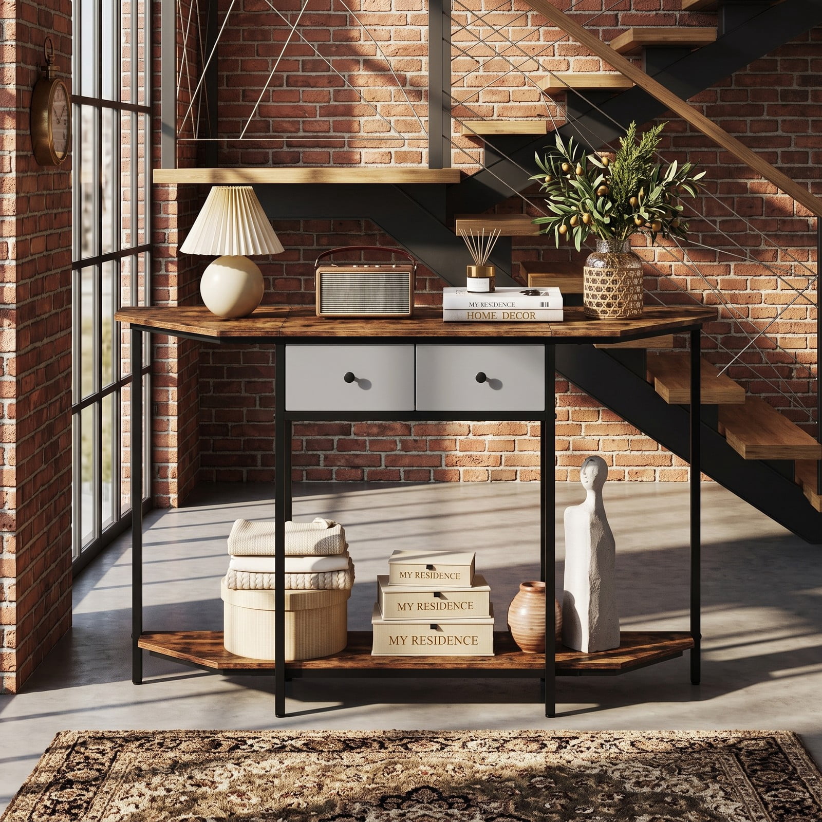 Furnibear Console Table with 2 Drawers and Polygonal Top and Open Storage Shelf and Metal Frame for Entryway, Rustic Brown