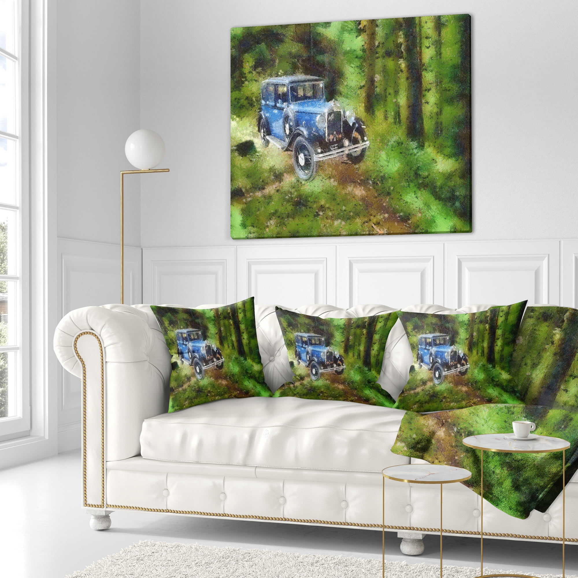 Designart Dark Blue Vintage Car Oil Painting - Car Throw Pillow - 18x18