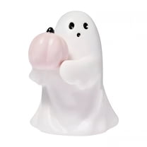 LAMIRO Cute Ghost Halloween Decorative Figurine, Holding Bat Pink Pumpkin Ghost, Resin Halloween Home Standing Ghost Decor Tabletop Decorations, New Halloween Decorations (Pink)