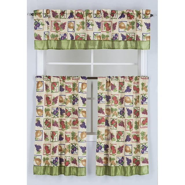 Kitchen Curtain Jacquard Printed Design 3pc Set (Includes 2 Tiers and 1 Valance) by ATI (Mix Fruit Prints)