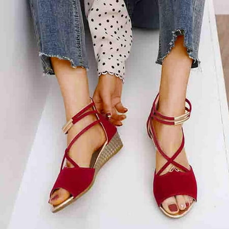

Tdoqot Women s Closed Toe Sandal- Comfy Dressy Summer Strappy Wedge Sandals for Women Red Size 7.5