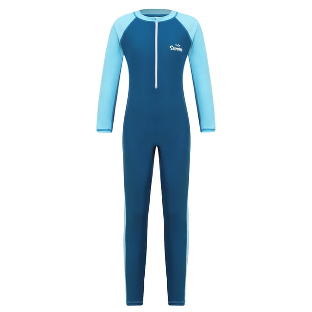 Girls Boys Swimming Sun UV Protection Rash Guard Swimsuit Long Sleeve Surfing Bathing Suit Sky Blue 6XL