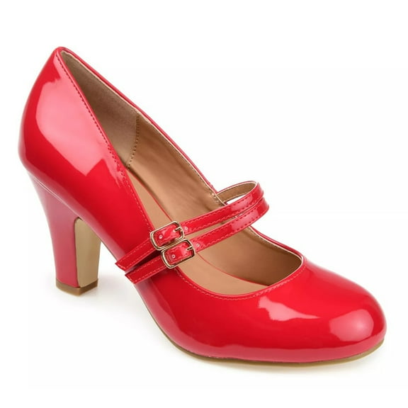 YDN Women Cute Round Toe Mary Janes Double Buckle Strap Mid Chunky Heels Comfortable Dressy Work Pumps Size 7 Red