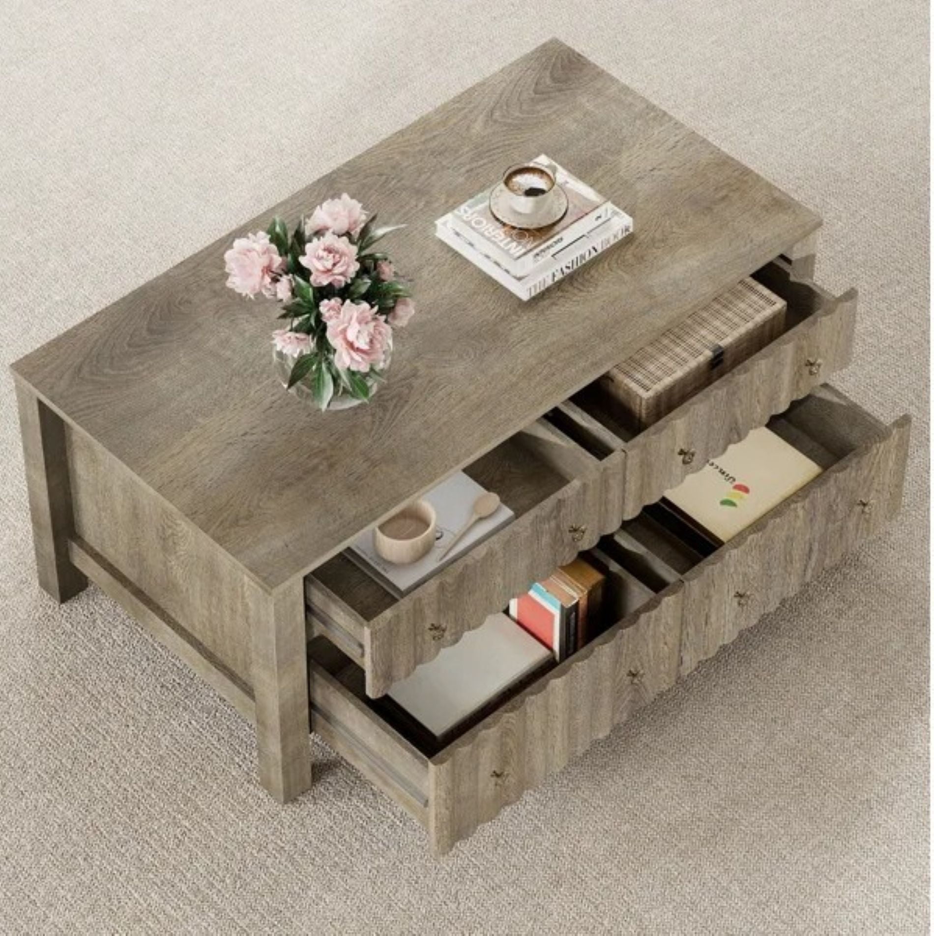 Demiya 4-Drawer Coffee Table, Modern Gray Wooden Center Table with Smooth Slide Rails, Sturdy Thickened Legs and Floor Pads, High Capacity Accent Table for Living Room