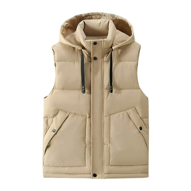 Gpaecead Quilted Puffer Vest Men's Solid Color Sleeveless Detachable Hooded Zipper Cardigan Warm Puffer Jacket