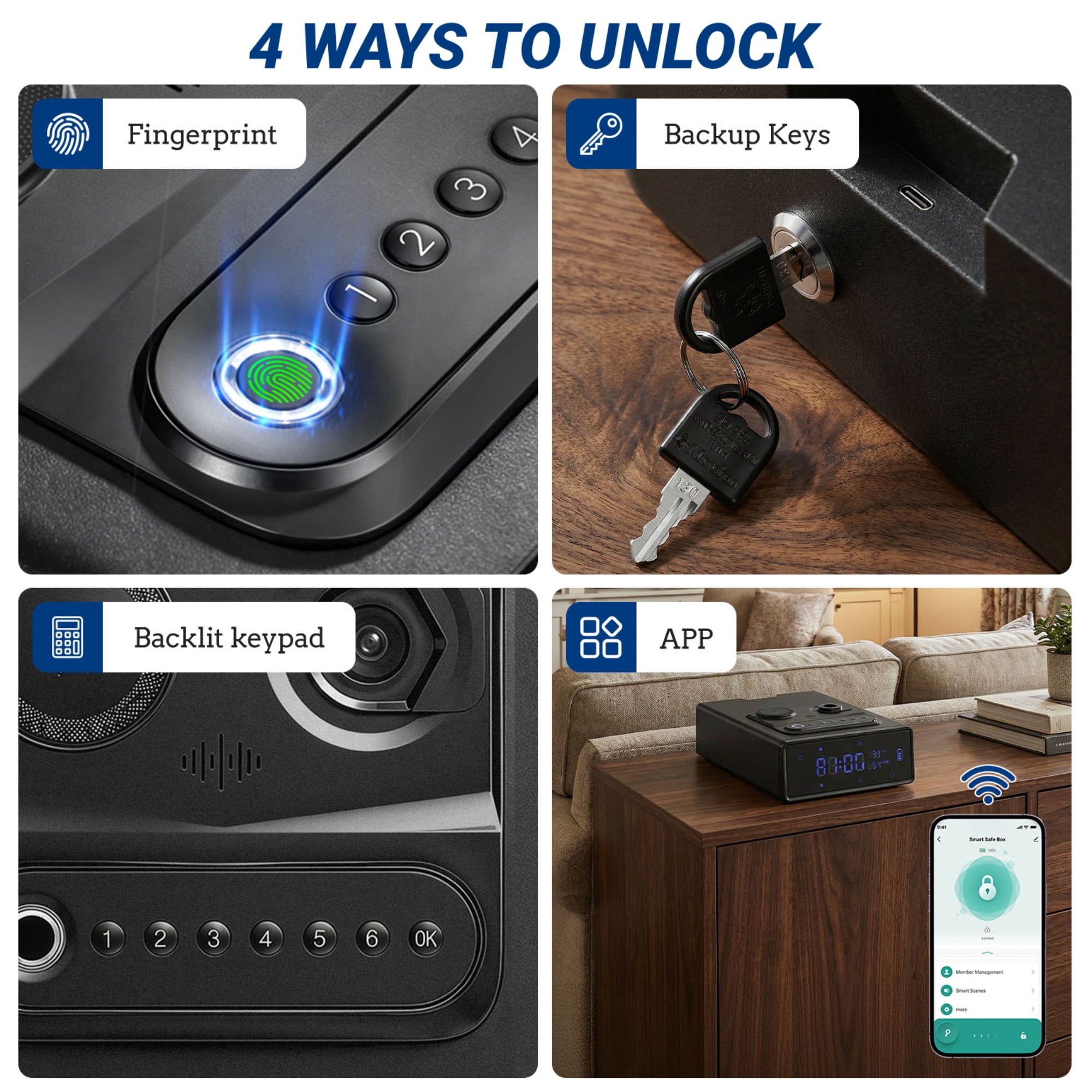 Gun Safe,Blacksmith Pistol Safe with Wireless Fast Charging,4-in-1 Fingerprint/App/Keypad/Keys Quick Access Handgun Safe,Black