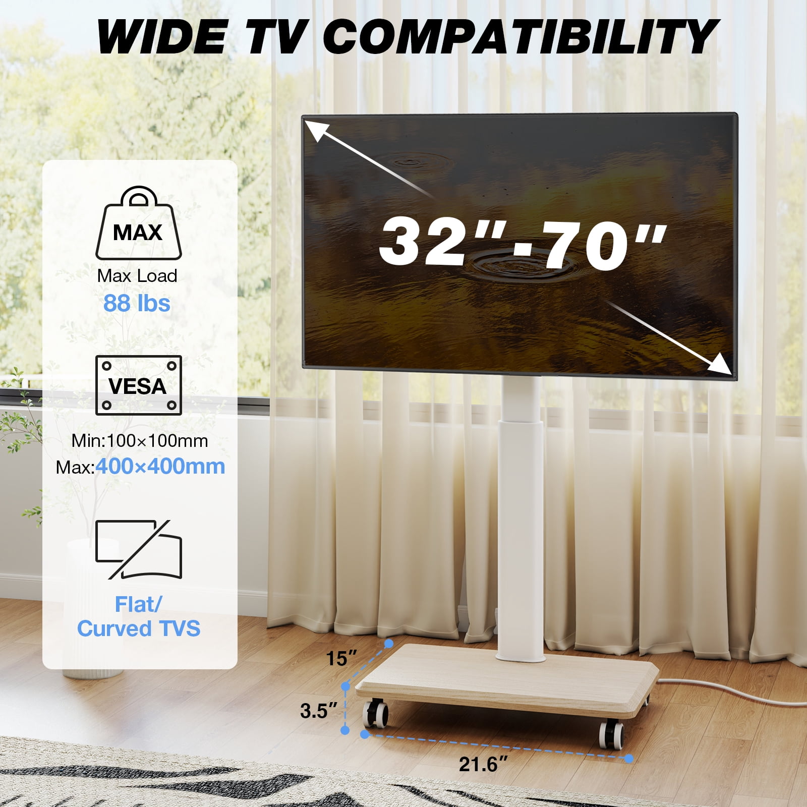 RTVR Mobile Rolling TV Stand on Wheels & Power Outlet for 32-70 inch Screens, Adjustable Indoor Outdoor TV Mount Stand with Wooden Base, White