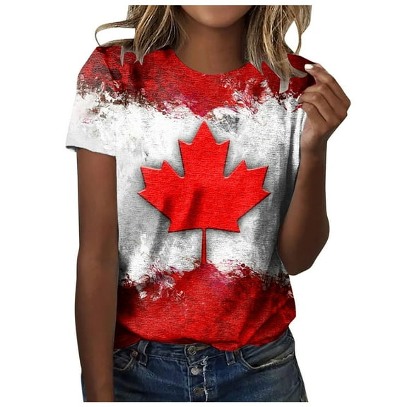 Tshirts for Women Canadian Flag Graphic Print Short Sleeve Tee Tops Happy Canada Day Classic Fit Outfits Blouses