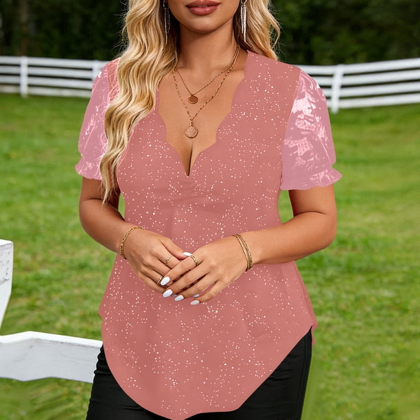 TaTaai Fashion Solid Color Women T Shirt Glitter Shimmer Wave V Neck Short Sleeve Loose Fit Soft Shiny Breathable Daily Casual Street Wear Blouse Gift