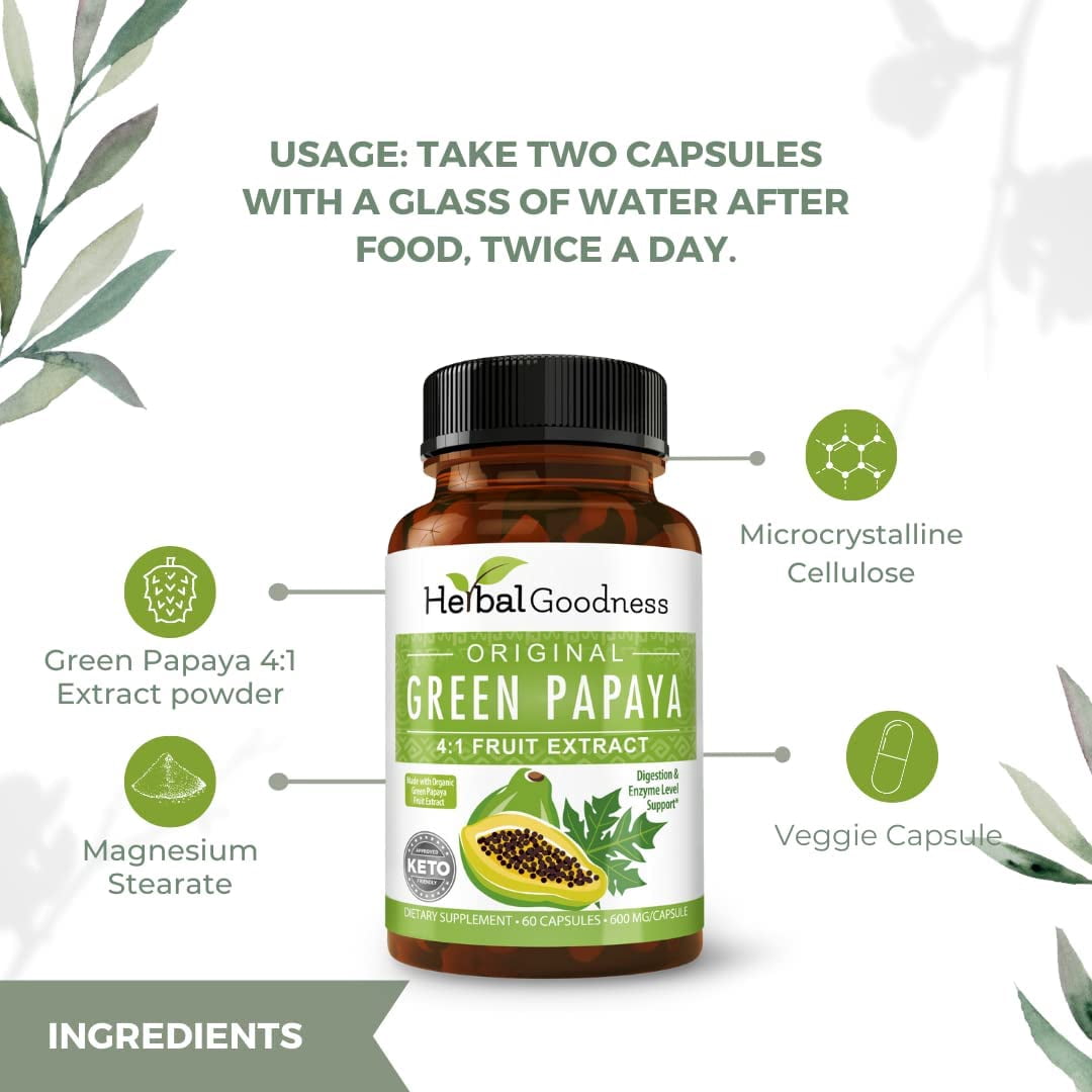 Green Papaya Fruit Extract Capsules – Digestive Enzyme, Gut Health, Natural Adults Cleanse - 60/600mg, Herbal Goodness