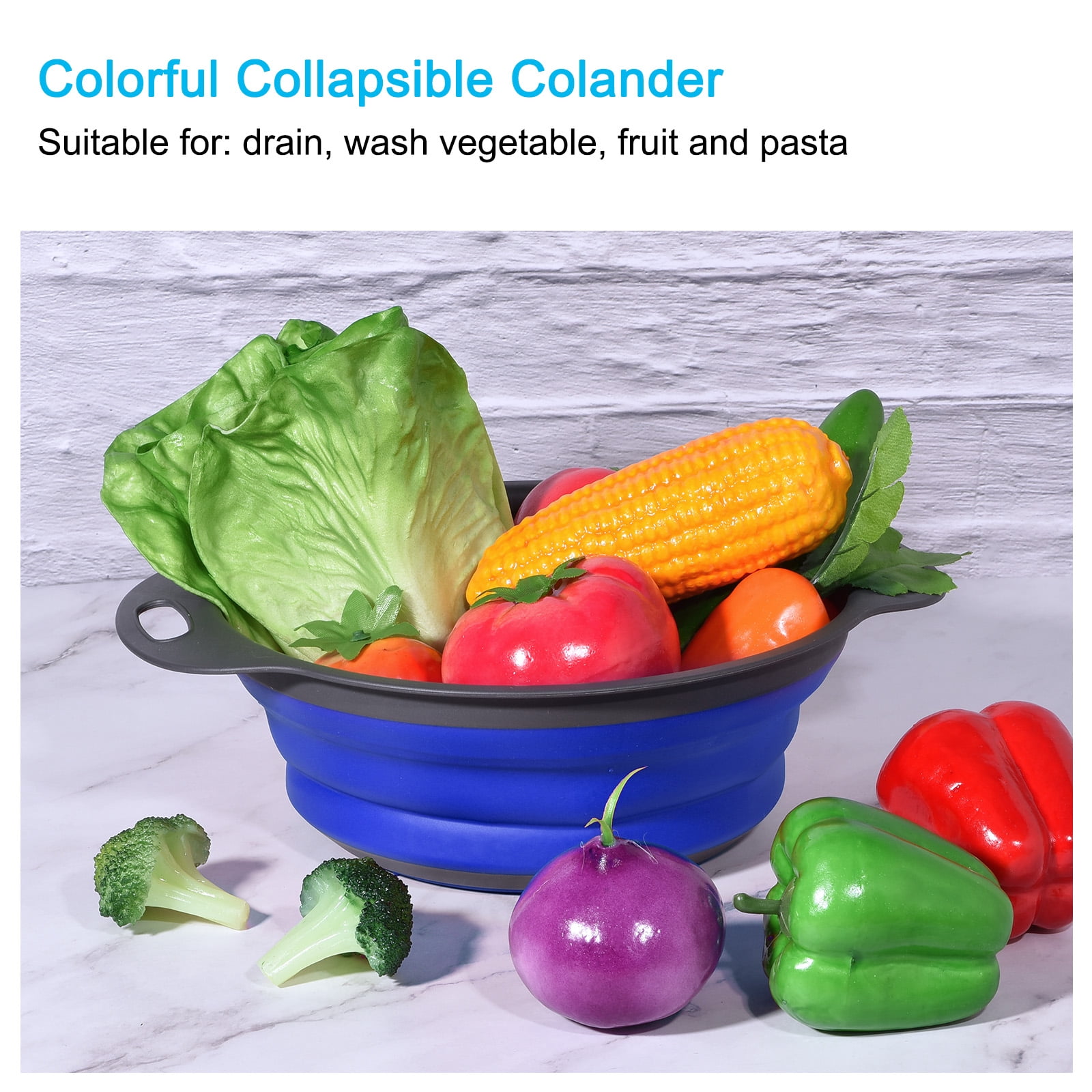 Unique Bargains Collapsible Colander Silicone Round Foldable Strainer Blue Diameter 9.4in