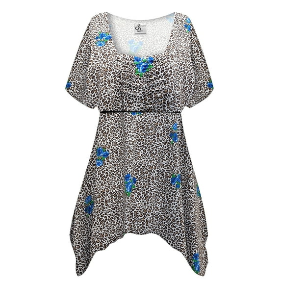 Plus size 9x Petite Womens Short Sleeve Casual Cheetah Hydrangea Designer Print Babydoll Tops Rouched Peplum Eclectic T-Shirts
