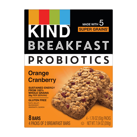 KIND Bars, Orange Cranberry Probiotic Breakfast Bar, Gluten free, 1.76 oz, 4 Snack Bars