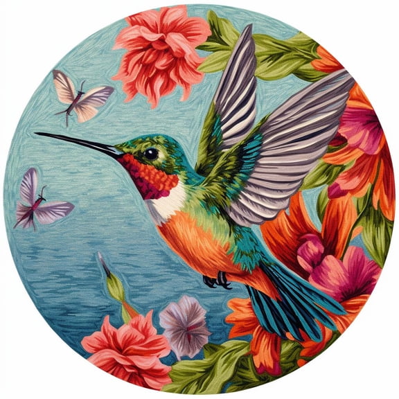 Latch Hook Round Rug Kits Hummingbird and Flowers for Beginner Needle Crochet Yarn Kits Embroidery Carpet Hook and Latch Kit Tapestry Home Decoration 45x45cm(2)