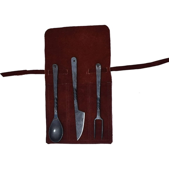 Viking Traders Hand-Forged Blacksmith Medieval Dining Hall Eating/Feasting Utensils set of 3 Piece Functional Fork Knife and Spoon Medieval Eating Set, with genuine leather pouch for easy carrying.