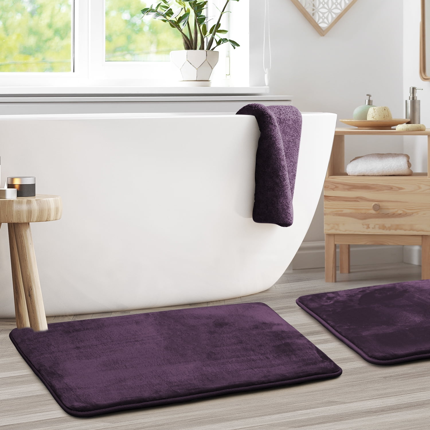 2 Piece Premium Memory Foam Bathroom Mat Set - Absorbent Luxury Plush Non Slip Carpet for Tub Shower & Bath Room, Soft Floor Mats, Machine Washable - Set of 2 20x32 inch Bath Rugs, Eggplant