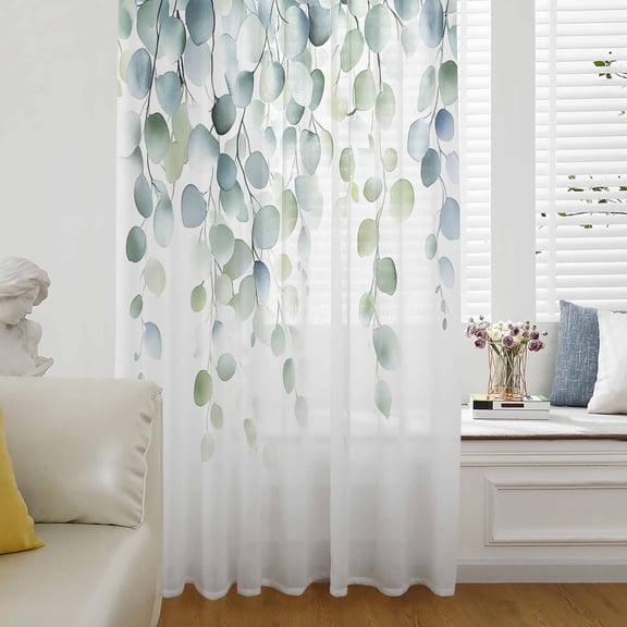 Sage Green Eucalyptus Semi Sheer Curtains Drapes for Living Room, Bedroom, French Doors Window 84 Inches Long, Watercolor Botanical Leaves Rod Pocket Chiffon Curtain Drapery Voile Draperies Panel