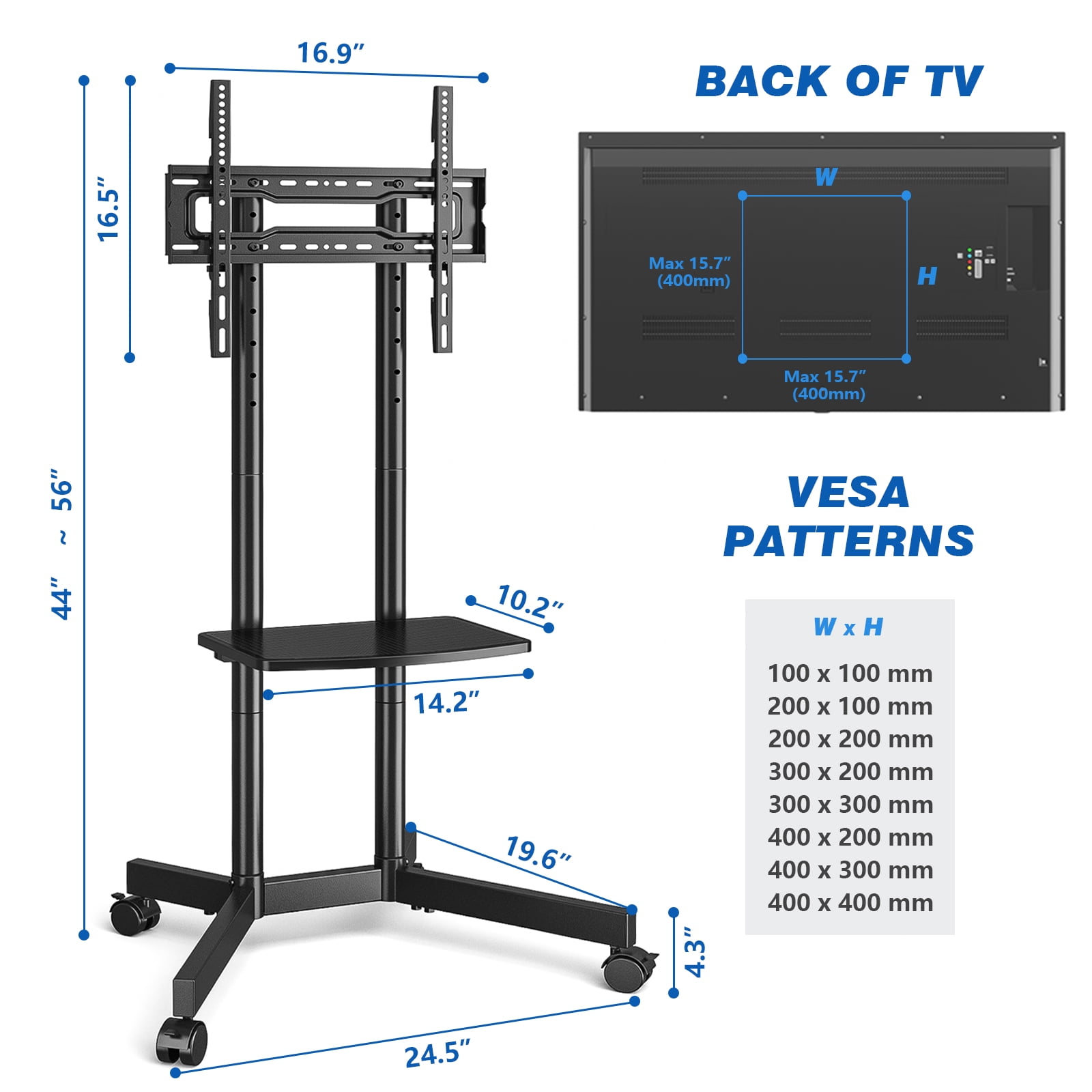 TAVR Furniture TV Stand Rolling TV Stand on Wheels for 32 to 70 inch Flat Panel Screen TVs, Black