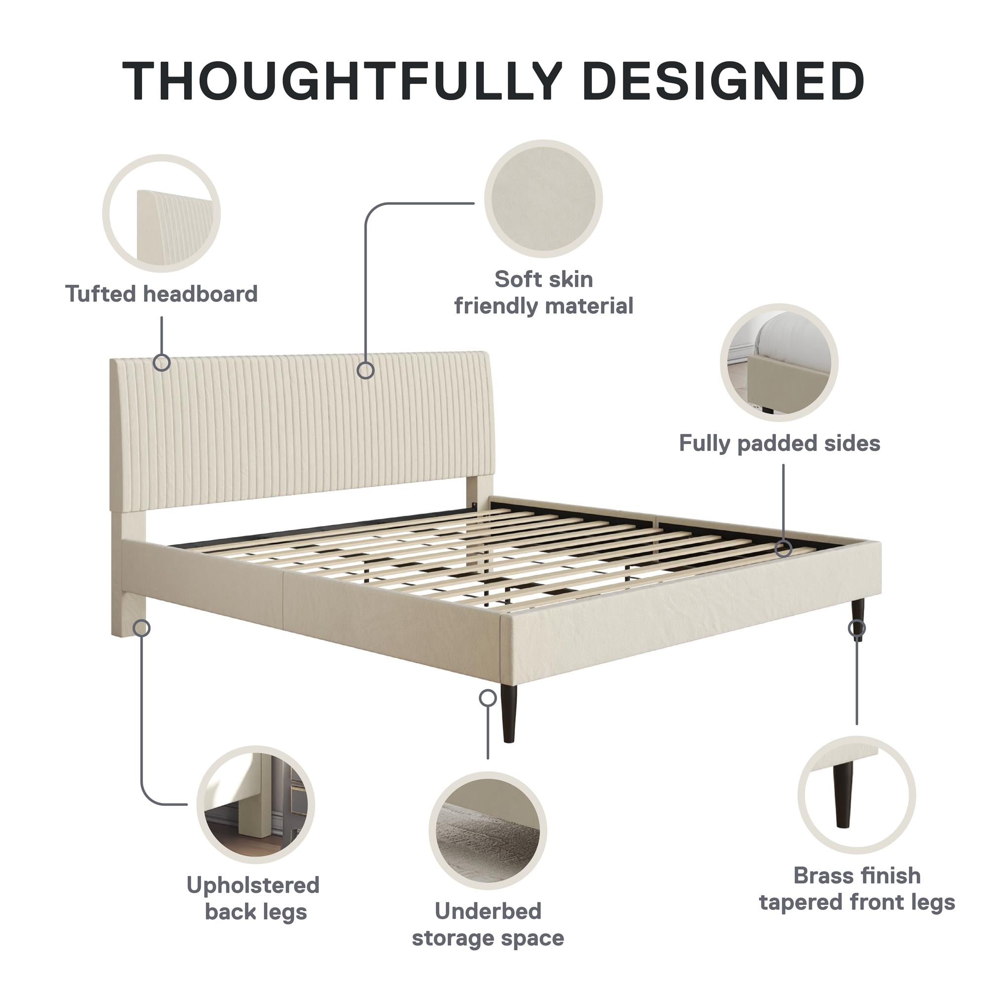 Mainstays Vera Upholstered Velvet Platform Bed, No Box Spring Required, King, Cream