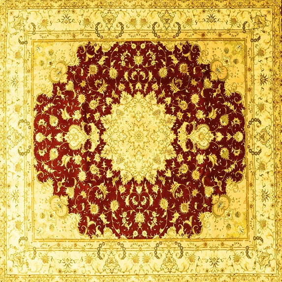 Ahgly Company Machine Washable Indoor Square Medallion Yellow Traditional Area Rugs, 4' Square