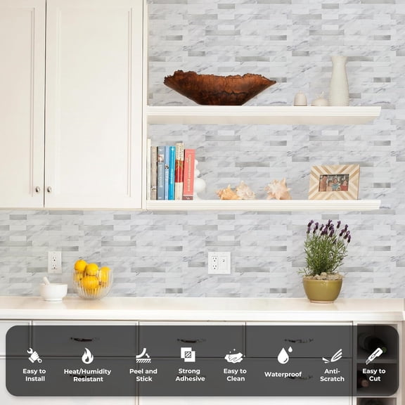 Peel and Stick Backsplash, PVC Wall Tiles Stick on Backsplash for Kitchen(10 Sheets, White Marble with Metal Silver)