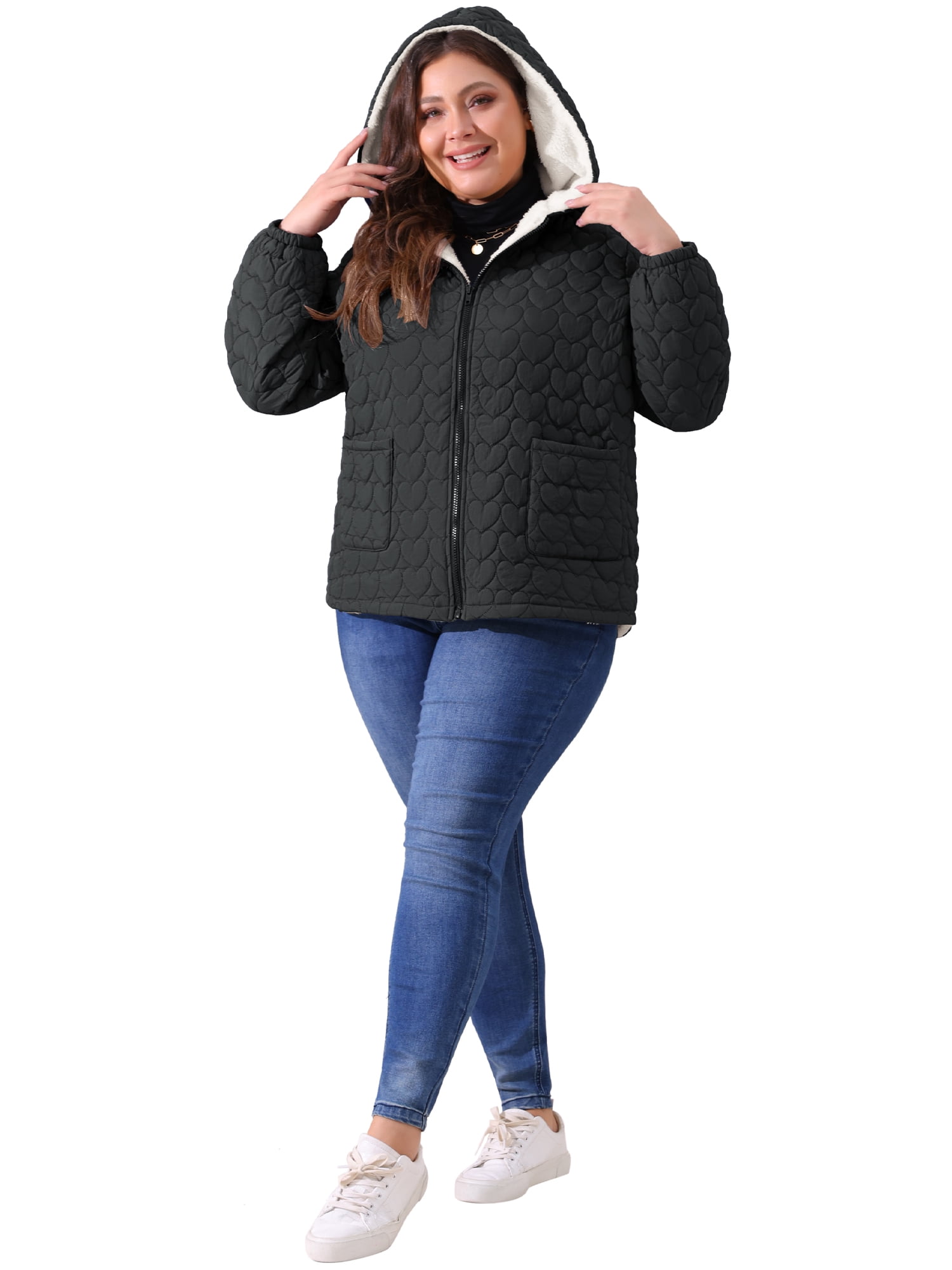 DARING DIVA Women's Plus Size Puffer Coat with Hood and Pockets 2X Black