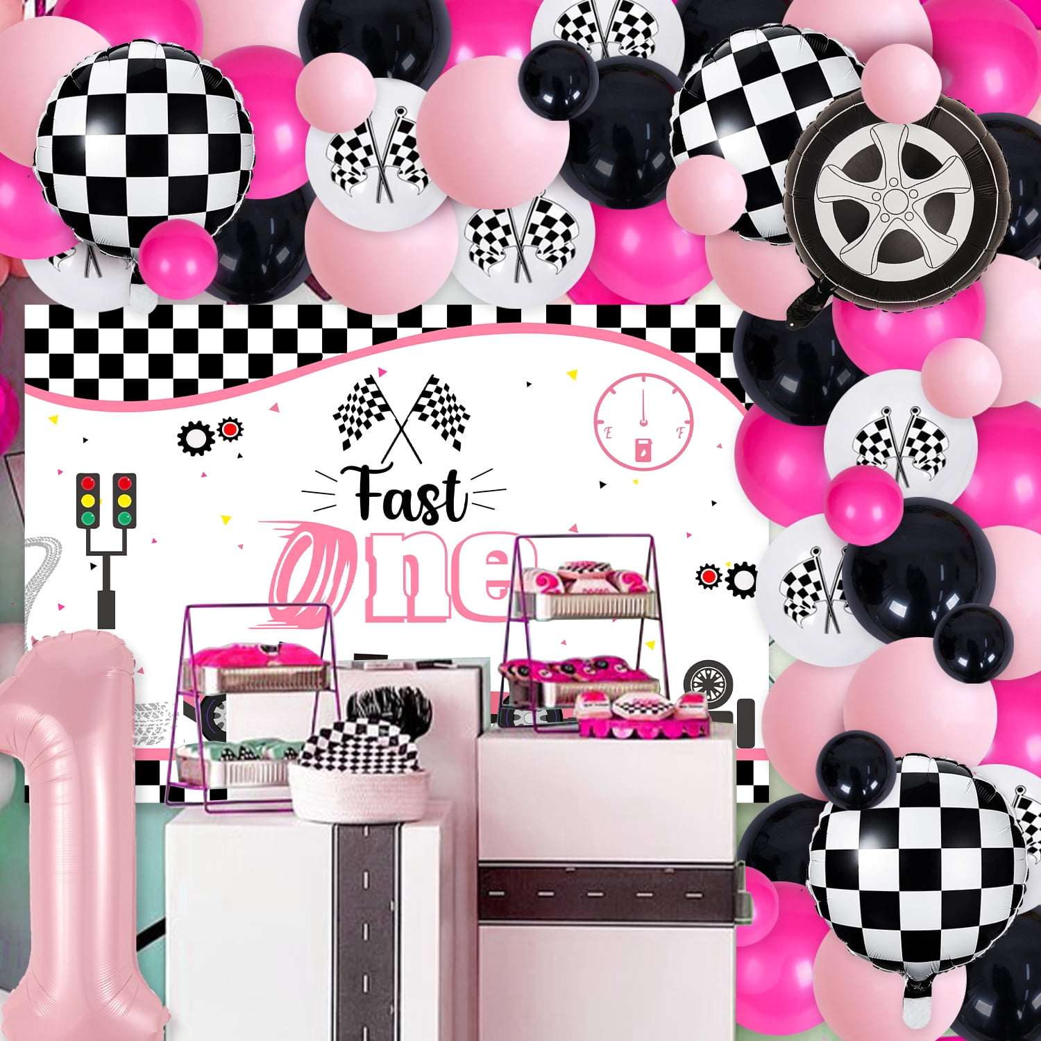 Race Car Theme 1st Birthday Party Decorations for Girls, Fast One Birthday Party Supplies, Pink Lattice Balloon Garland Arch Kit and Fast One Backdrop for Racing Car First Birthday Party