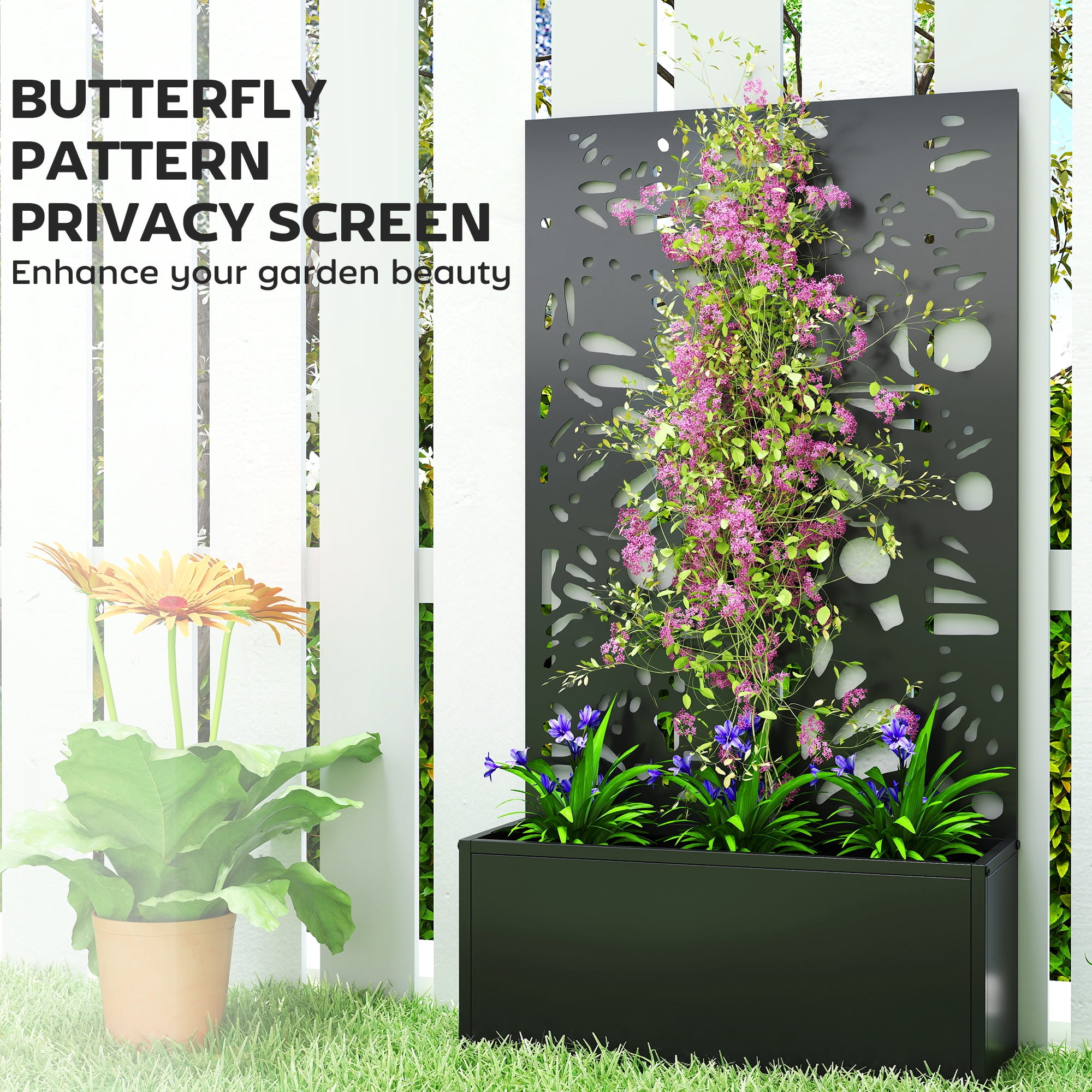 Outsunny Metal Raised Garden Bed with Trellis, Freestanding or Wall Mounted Raised Flower Bed with Privacy Panel for Garden, Patio, Balcony