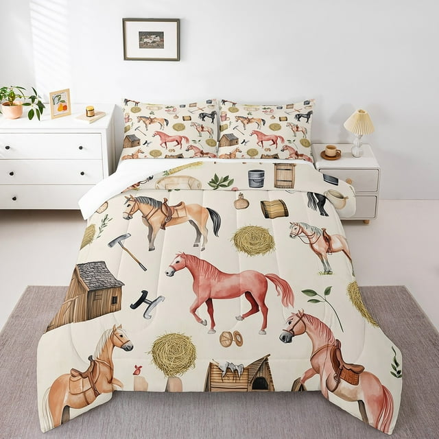 Farm Animals Comforter Set Rustic Farmhouse Horse Down Comforter For Kids Boys Girls Child,Farm Tools Bedding Set Country Style Quilt Set 2 Pillow Cases