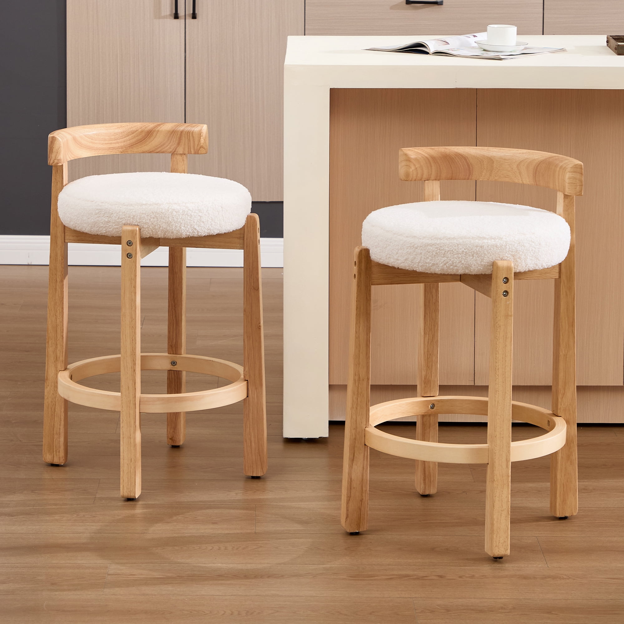 Lessmore Nordic Style Solid Wood Bar Stool Set of 2 - High Stool for Home Kitchen Island & Bar, Comfortable & Stable