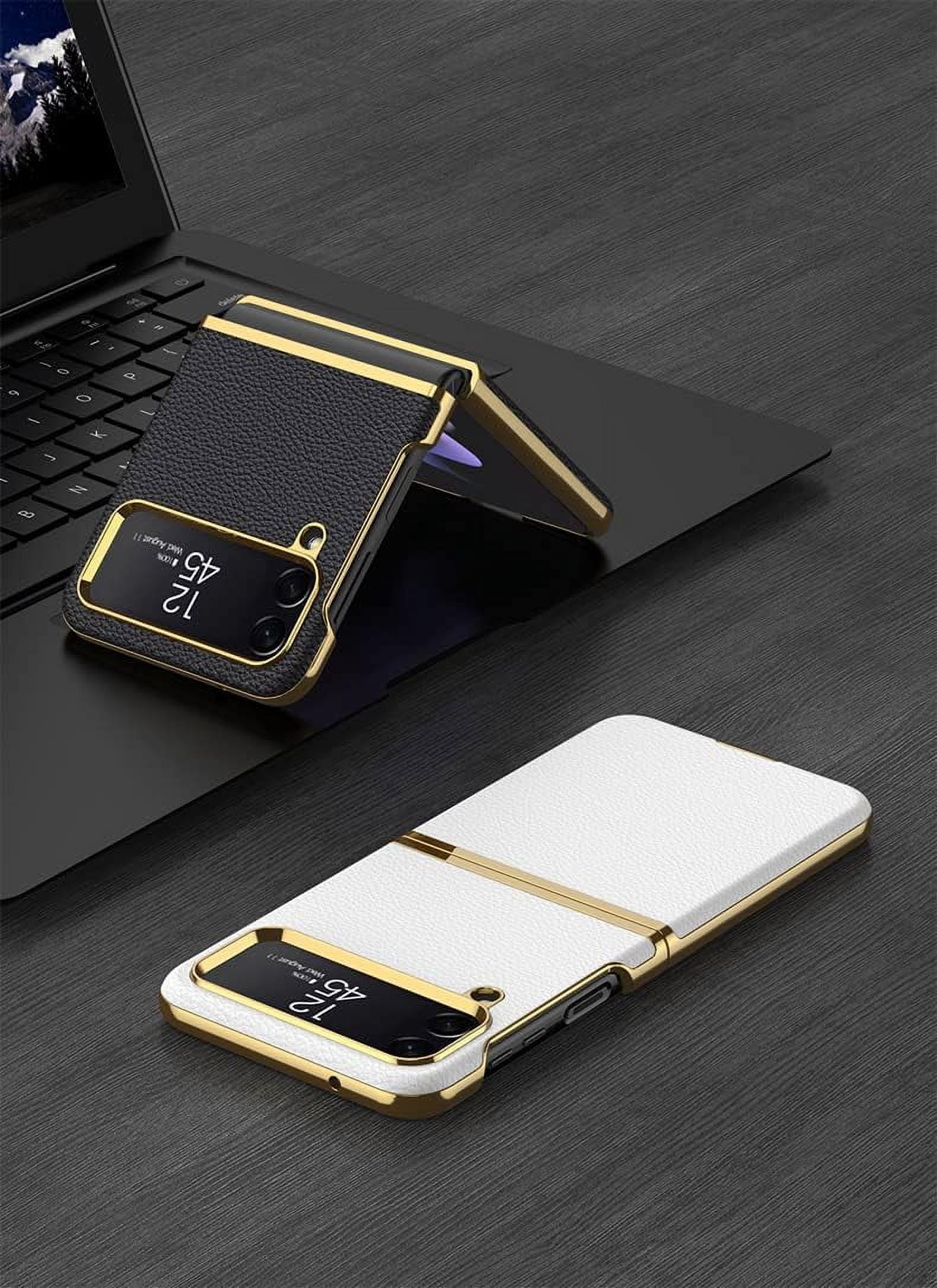 case for Samsung Z Flip 4 Case Leather, Galaxy Z Flip 4 Case Electroplate Phone Case Compatible with Samsung Galaxy Z Flip 4 5G, Black