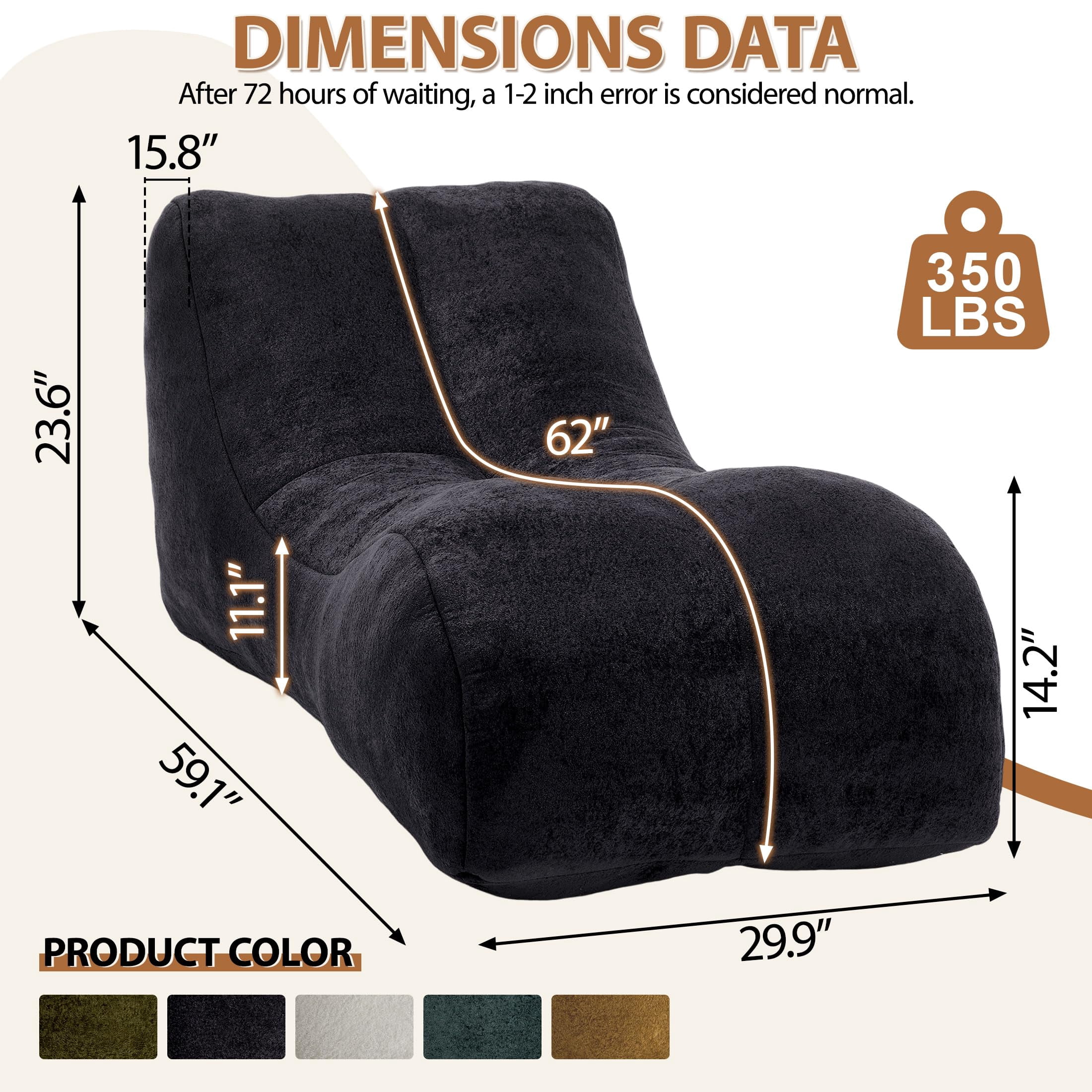 Aukfa Chaise Lounge, Bean Bag Sofa for Stretching, Relaxation, High Density Foam Recliner, Black
