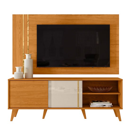 Moveis Combo Mueble Rack y Panel de Pared para TV hasta 65" Modelo Cronos, 2 Puertas correderas, Panel y bancada en MDP de 15 mm, Patas de poliestireno Color Cinamomo / Off White