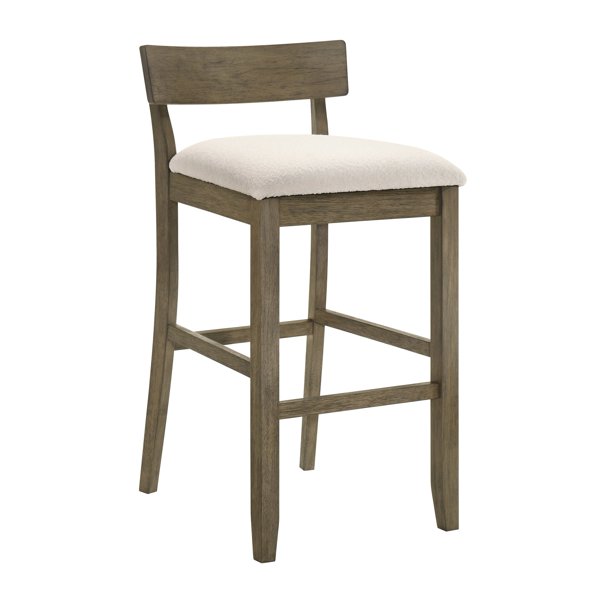 Merie Modern Transitional Wood Bar Height Kitchen Bar Stool in Putty Brown Finish with White Boucle Fabric Upholstered Seat