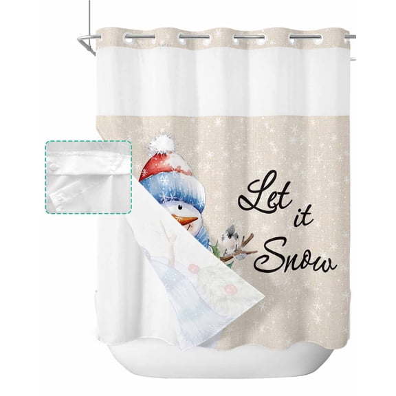 No Hook Shower Curtain with Snap in Liner, Merry Christmas Snowman with Robin Hotel Shower Curtains for Bathroom, Washable Shower Curtain Liner Set with Mesh Top Window, 72"x72"