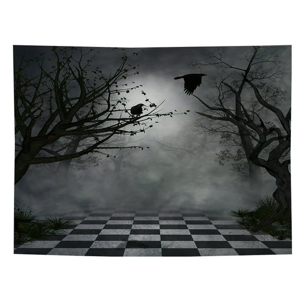 Tapiz de bosque de niebla mística gótico, pájaros en ramas en una selva espeluznante en lo profundo del bosque oscuro, tapiz para colgar en la pared, tapiz de Halloween, decoración de pared para