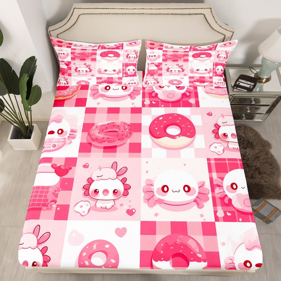 Erosebridal Pink Axolotl Fitted Sheet Queen, Cute Animal Bedding Set Queen Size, Patchwork Donut Decor 3pcs（No Top Sheet）