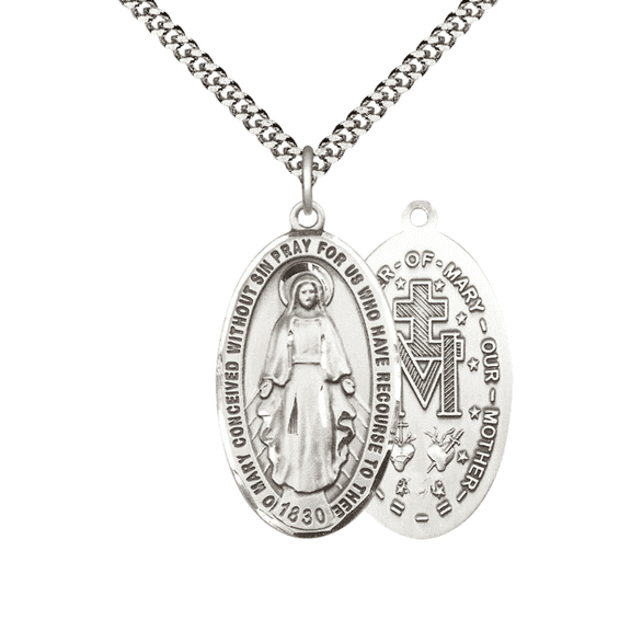 Mens Large Oval Pewter Miraculous Medal Pendant on 24 inch Rhodium Plated Heavy Curb Brass Chain with Lobster Claw Clasp, Catholic Religious Necklace -Made in USA- Deluxe Velvet Gift Box