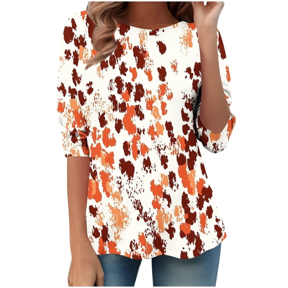 Jsaierl Women's 3/4 Length Sleeve Tops Plus Size Crew Neck Shirts Dressy Graphic Ladies Blouses Work Cotton Tunic Top S-5XL