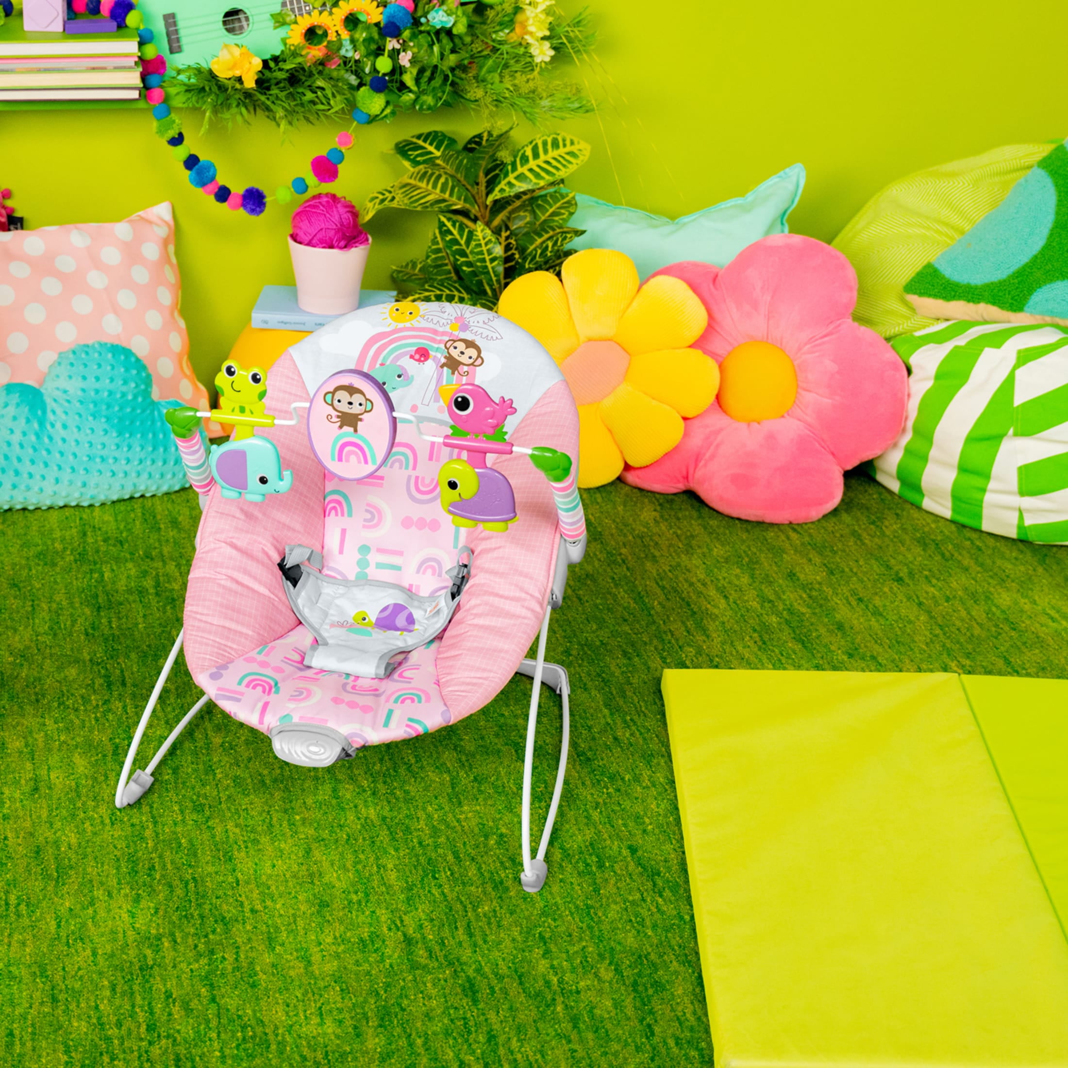 Bright Starts Pink Paradise Portable Baby Bouncer with Vibrations, Newborn, Unisex